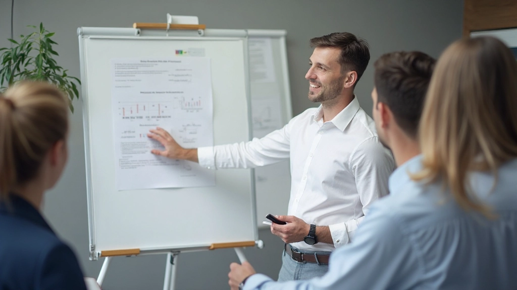 Jonge zakenman presenteert aan whiteboard met grafieken, wijzend naar gegevens, collega's luisteren aandachtig