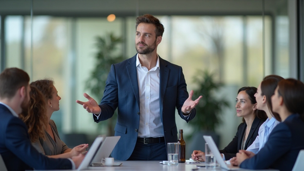 Professionele zakenman leidt vergadering met diverse team in moderne kantoorruimte