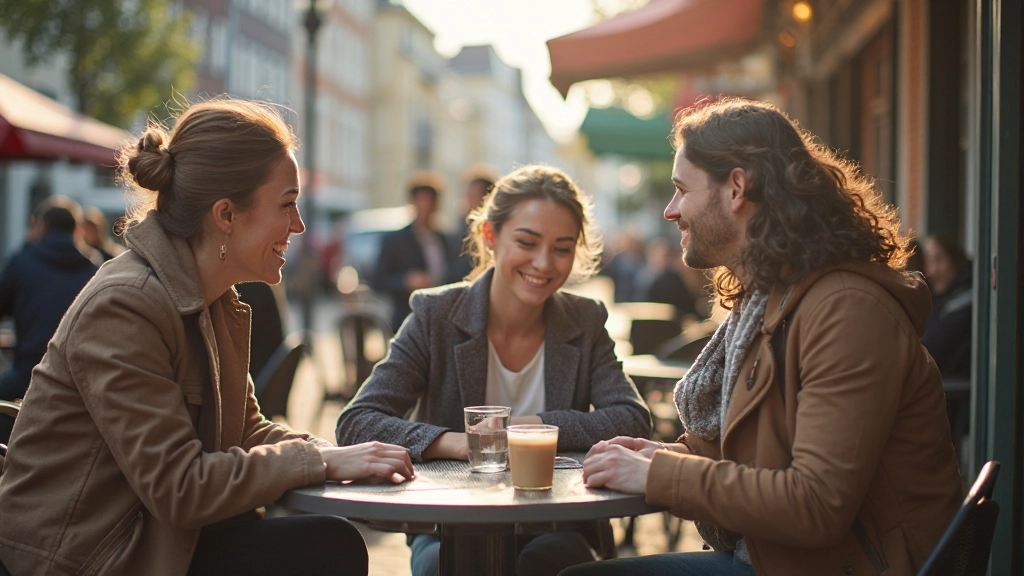 Nederlandse straatscène met vrienden die in een gezellig café spreken en Nederlands leren