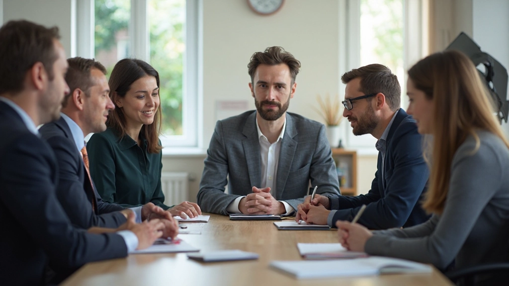 Gemengde groep professionals discussieert rond houten conferentietafel met laptops en notitieblokken