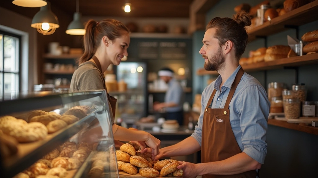 Vriendelijke bakkerswinkel in Nederland, toonbank met brood, winkelbediende helpt klant