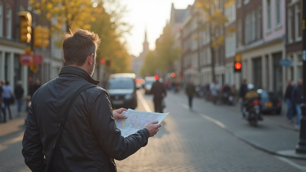 Nederlandse straatscÃ¨ne met verkeerslichten, kruispunten en helder zicht op stadscenter, klassieke architectuur