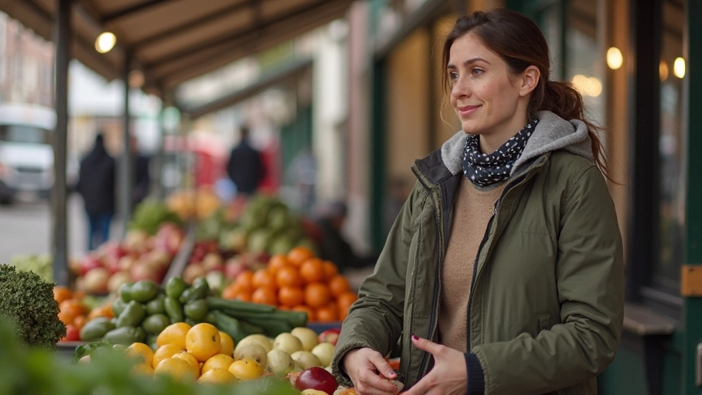 Vrouw winkelt op de markt in Amsterdam, verse groenten in mand, zonnig weer, natuurlijke verlichting