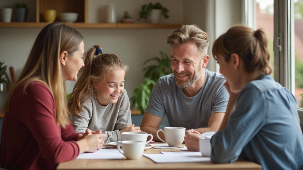 Nederlandse familie oefent conversatie in de keuken, ontspannen sfeer met koffie en Nederlands boeken
