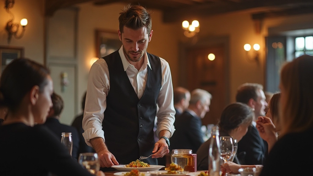 Kelner serveert maaltijden aan gasten in een gezellig Nederlands restaurant