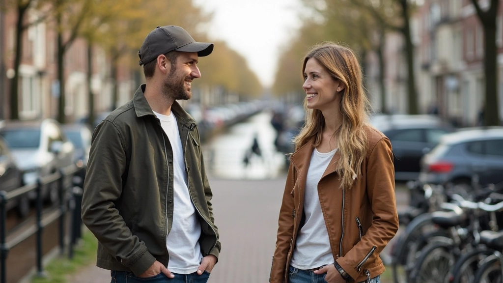 Man en vrouw hebben een vriendelijk gesprek op een Nederlandse fietspad in Amsterdam