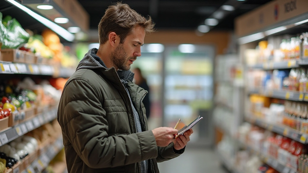 Man at grocery store in Netherlands reading product labels and making shopping list, natural supermarket lighting