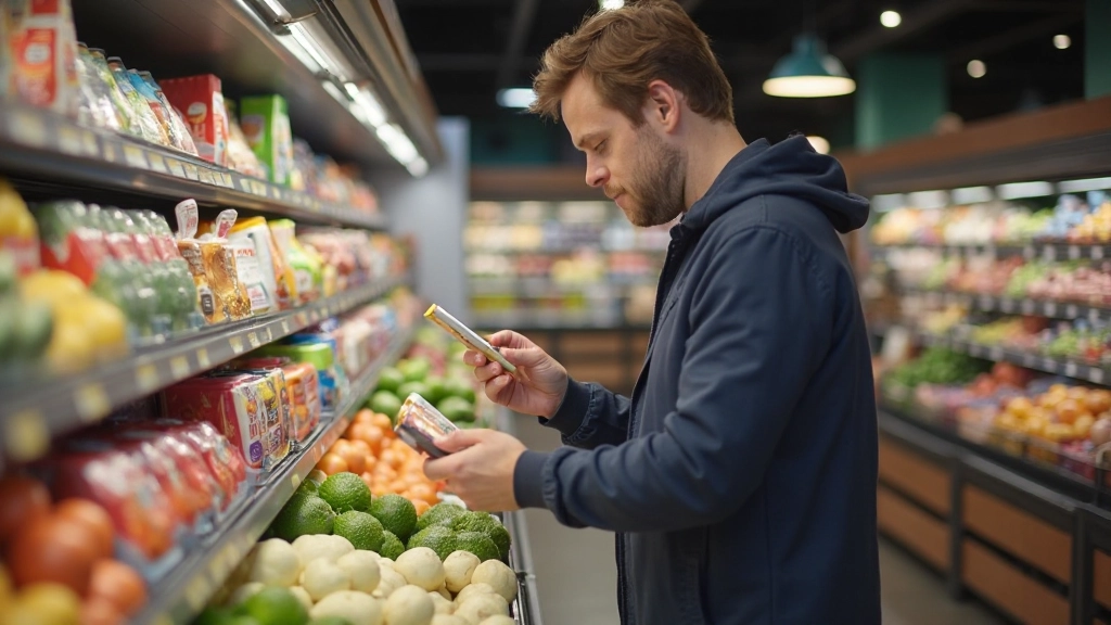 Man leest productetiket in Nederlandse winkel, maakt boodschappenlijst, interactie met winkelmedewerker