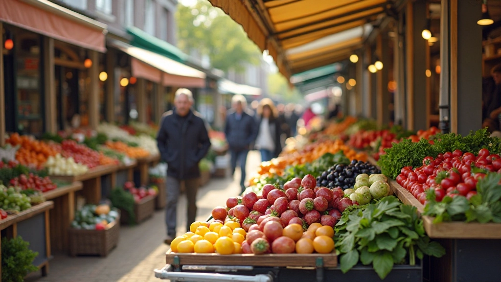 Buiten marktscène met verschillende kraampjes, kleurrijke producten, marktdag in Nederlandse stad