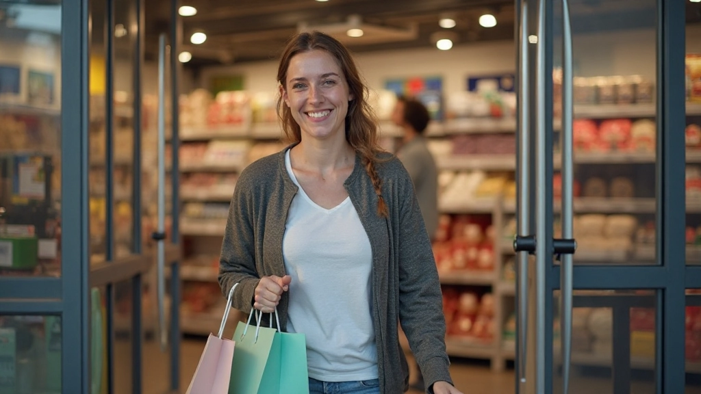 Gelukkige vrouw verlaat winkel met volle boodschappentassen, succesvol Nederlands spreken