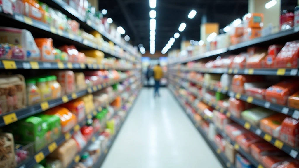 Supermarktgang met verschillende producten op schappen, Nederlands taalgebruik, heldere verlichting