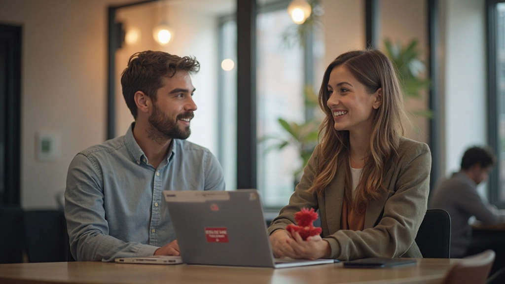 Twee mensen converseren in Nederlands in moderne omgeving