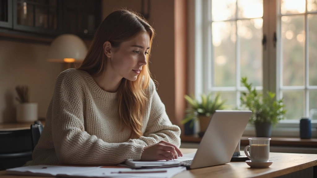 Woman practicing Dutch conversation at coffee table with notebook and tablet, warm natural lighting
