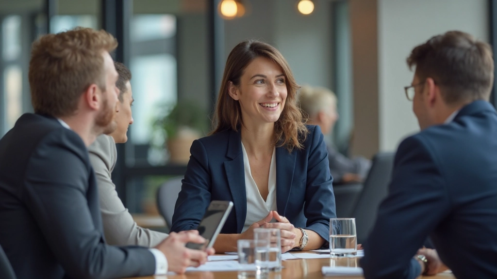 Professional woman conducting business meeting with Dutch colleagues at modern conference table, corporate office setting