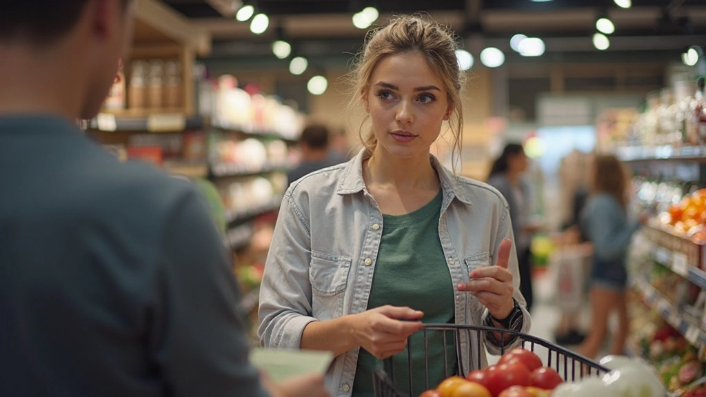 Vrouw oefent Nederlands in Nederlandse supermarkt, selecteert producten, conversatie met kassamedewerker