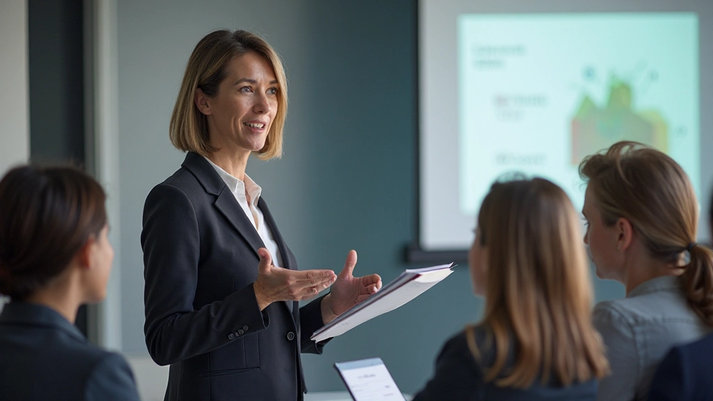 Professionele vrouw geeft presentatie voor klein publiek, scherm toont grafieken, publiek maakt aantekeningen
