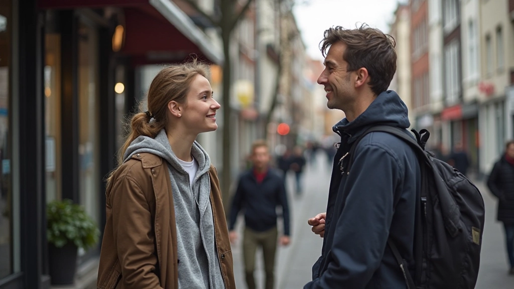 Young person asking directions to local shopkeeper at street corner in Dutch neighborhood, authentic street scene