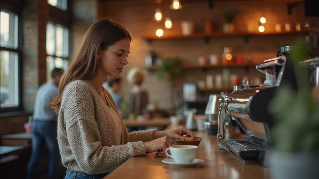 Jonge vrouw bestelt een kopje koffie in een Nederlands koffiehuis en oefent dagelijkse Nederlandse conversatie